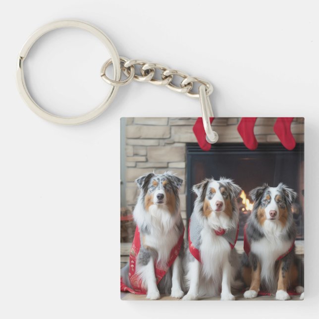 Australian Shepherd by the Fireplace Christmas Key Ring (Front)