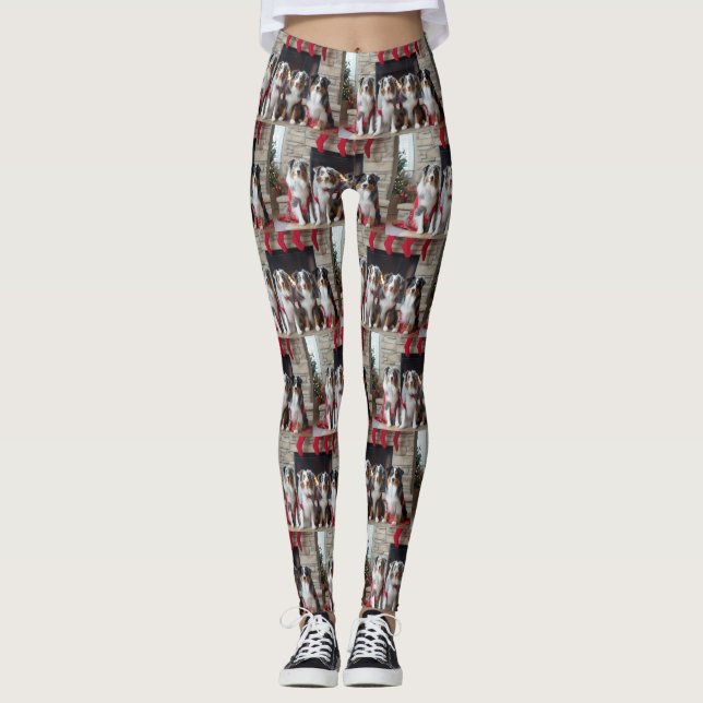 Australian Shepherd by the Fireplace Christmas Leggings (Front)