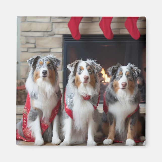 Australian Shepherd by the Fireplace Christmas Magnet (Front)