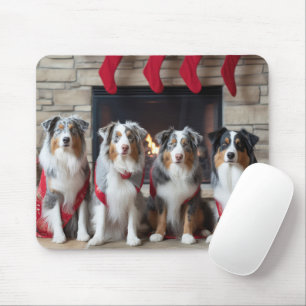 Australian Shepherd by the Fireplace Christmas Mouse Mat