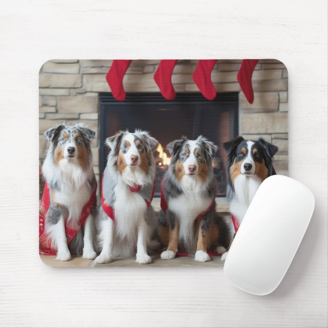 Australian Shepherd by the Fireplace Christmas Mouse Mat (With Mouse)