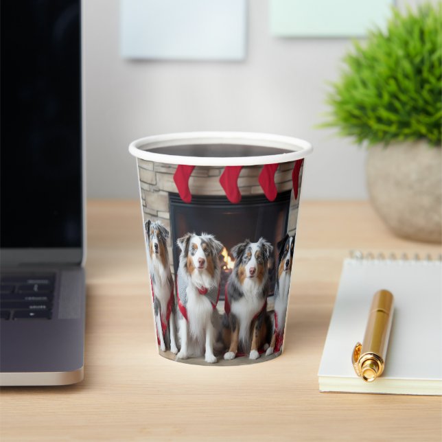 Australian Shepherd by the Fireplace Christmas Paper Cups (Insitu)