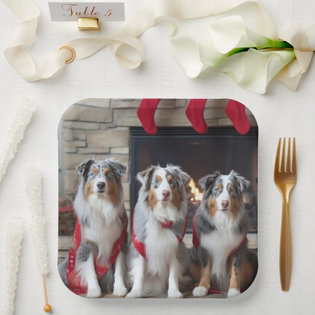 Australian Shepherd by the Fireplace Christmas Paper Plate (Wedding)