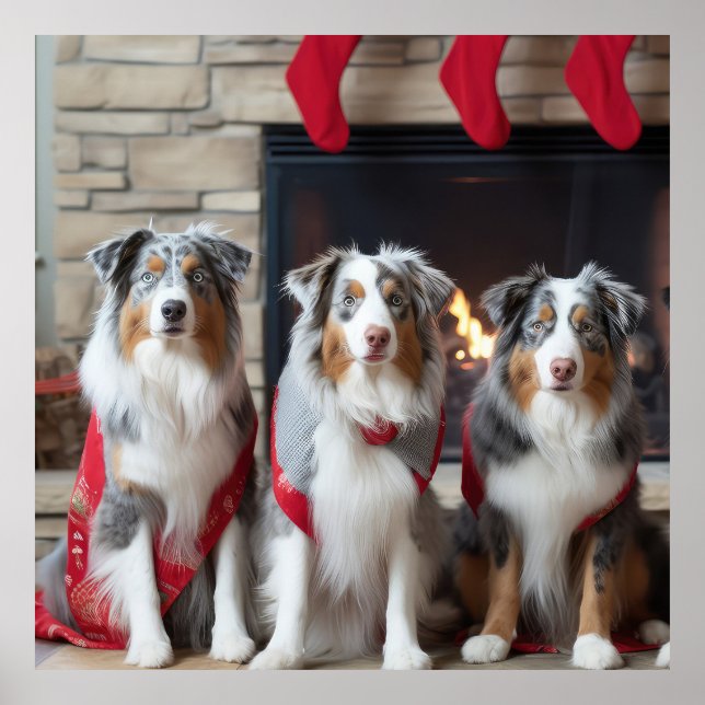 Australian Shepherd by the Fireplace Christmas Poster (Front)
