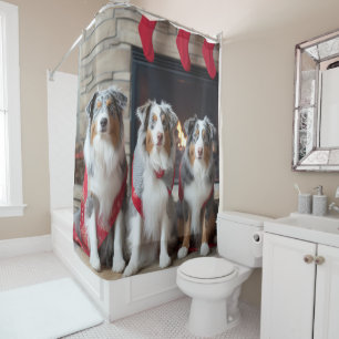 Australian Shepherd by the Fireplace Christmas Shower Curtain