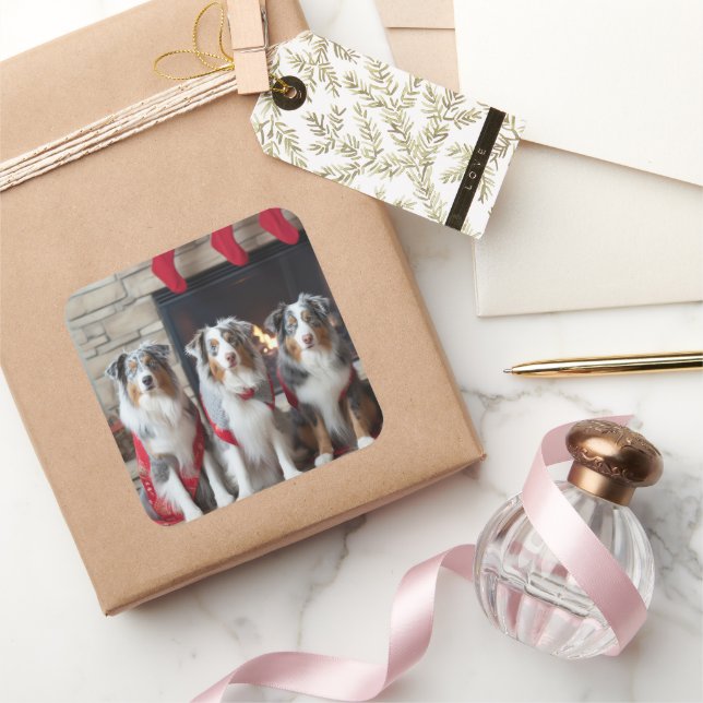 Australian Shepherd by the Fireplace Christmas Square Sticker (Gifting)
