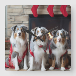 Australian Shepherd by the Fireplace Christmas Square Wall Clock