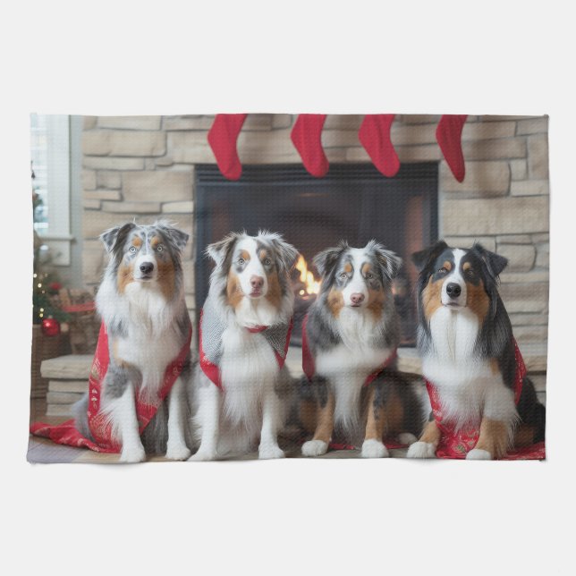 Australian Shepherd by the Fireplace Christmas Tea Towel (Horizontal)