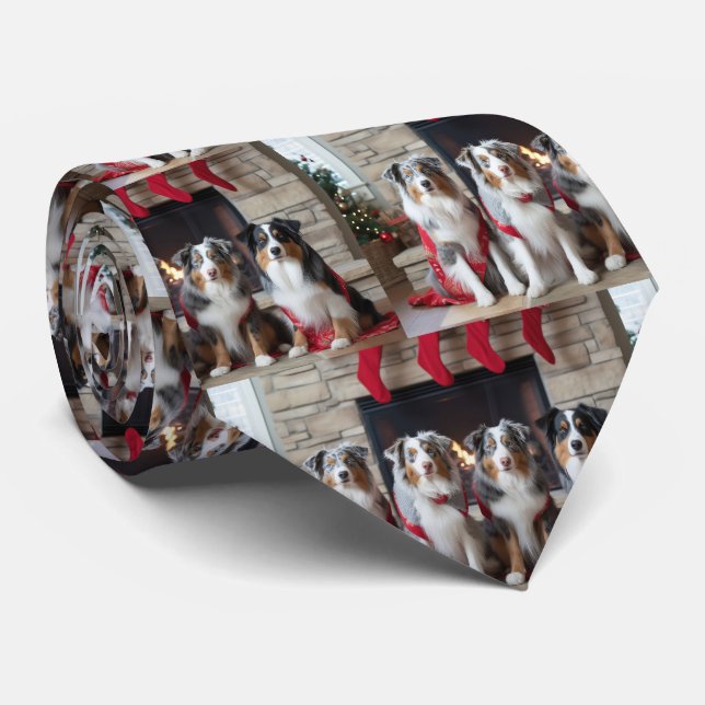 Australian Shepherd by the Fireplace Christmas Tie (Rolled)