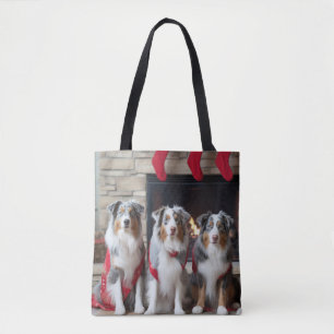 Australian Shepherd by the Fireplace Christmas Tote Bag
