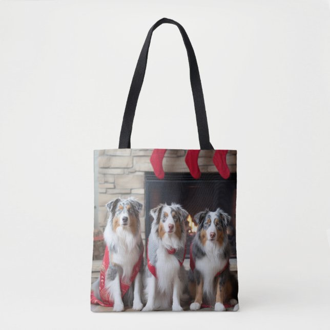 Australian Shepherd by the Fireplace Christmas Tote Bag (Front)