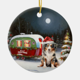 Australian Shepherd Caravan Christmas Adventure Ceramic Tree Decoration