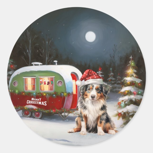 Australian Shepherd Caravan Christmas Adventure Classic Round Sticker (Front)