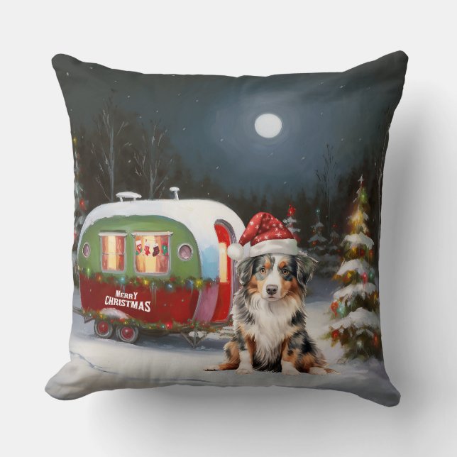Australian Shepherd Caravan Christmas Adventure Cushion (Front)