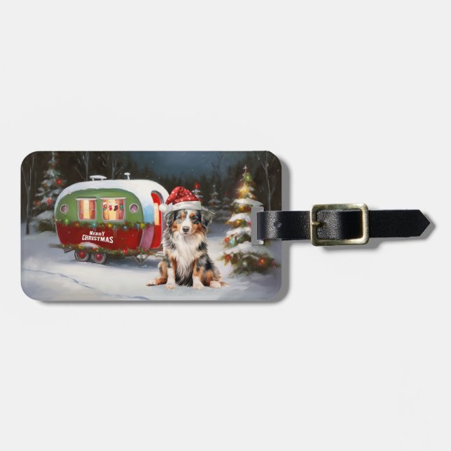 Australian Shepherd Caravan Christmas Adventure Luggage Tag (Front Horizontal)