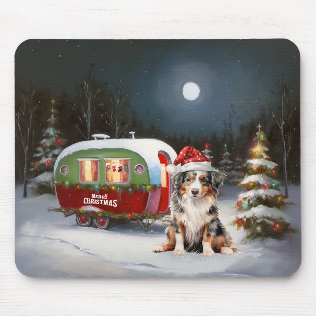 Australian Shepherd Caravan Christmas Adventure Mouse Mat (Front)
