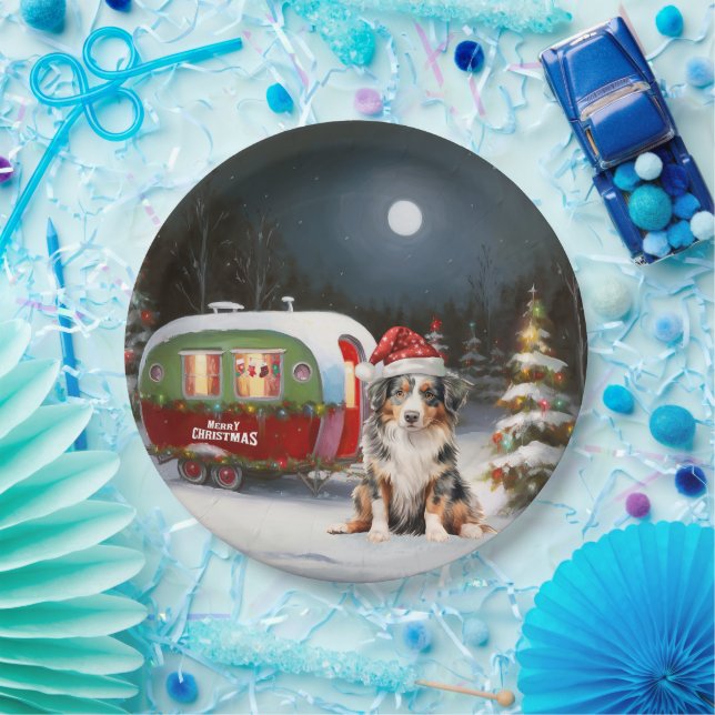 Australian Shepherd Caravan Christmas Adventure Paper Plate (Party)