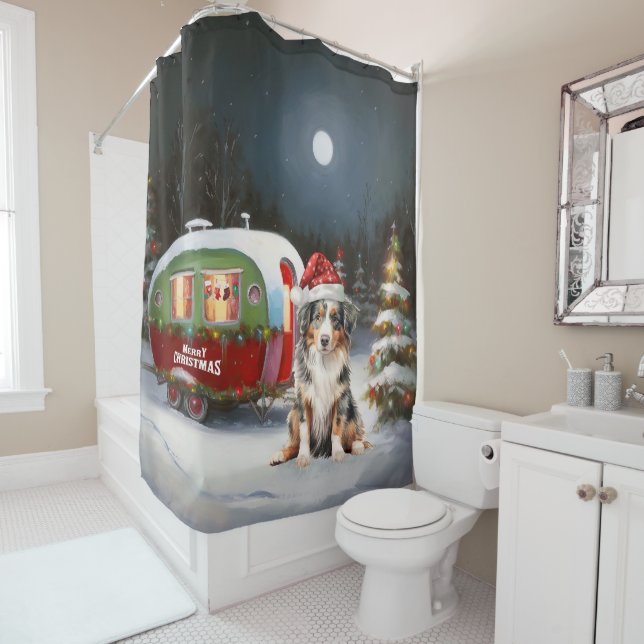 Australian Shepherd Caravan Christmas Adventure Shower Curtain (In Situ)