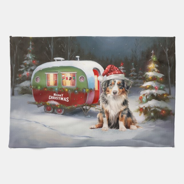 Australian Shepherd Caravan Christmas Adventure Tea Towel (Horizontal)