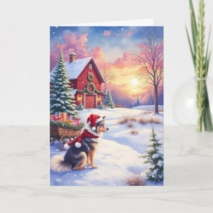 Australian Shepherd Christmas Barn Sleigh Ride Card