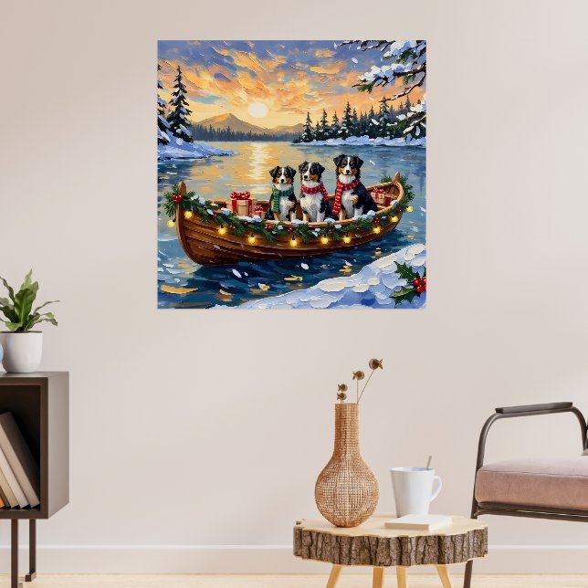 Australian Shepherd Christmas Boat Holiday Poster (Living Room 3)