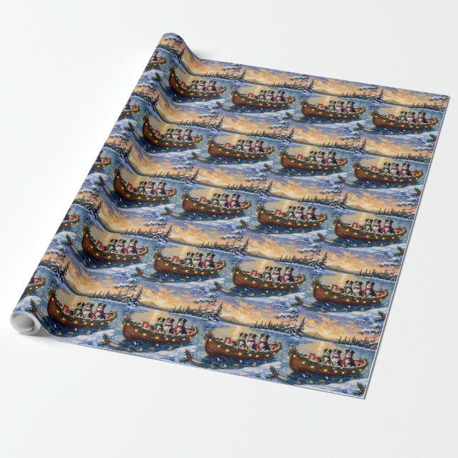Australian Shepherd Christmas Boat Holiday Wrapping Paper (Unrolled)