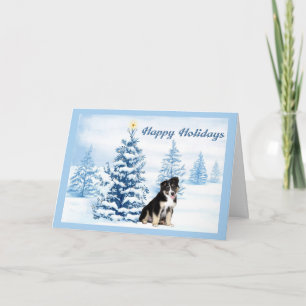 Australian Shepherd Christmas Card Blue Tree