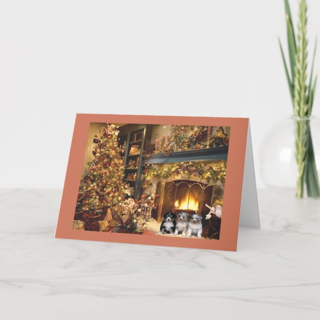 Australian Shepherd Christmas Card Fireplace (Front)