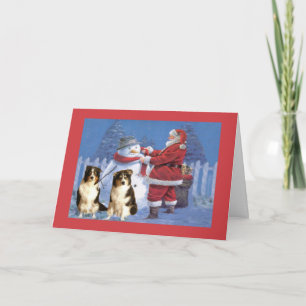Australian Shepherd Christmas Card Santa and Snowm
