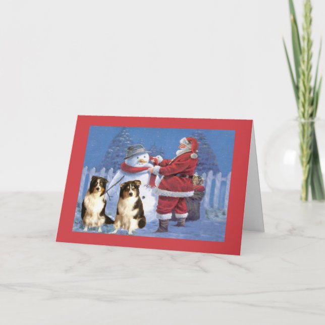 Australian Shepherd Christmas Card Santa and Snowm (Front)