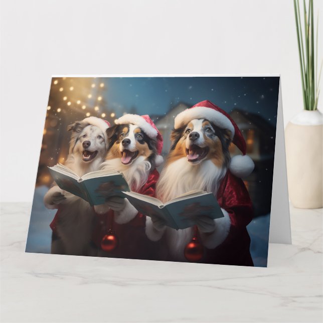 Australian Shepherd Christmas Carolers Fun Holiday Card (Front)