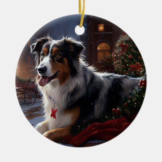 Australian Shepherd Christmas Festive Season  Ceramic Tree Decoration (Front)