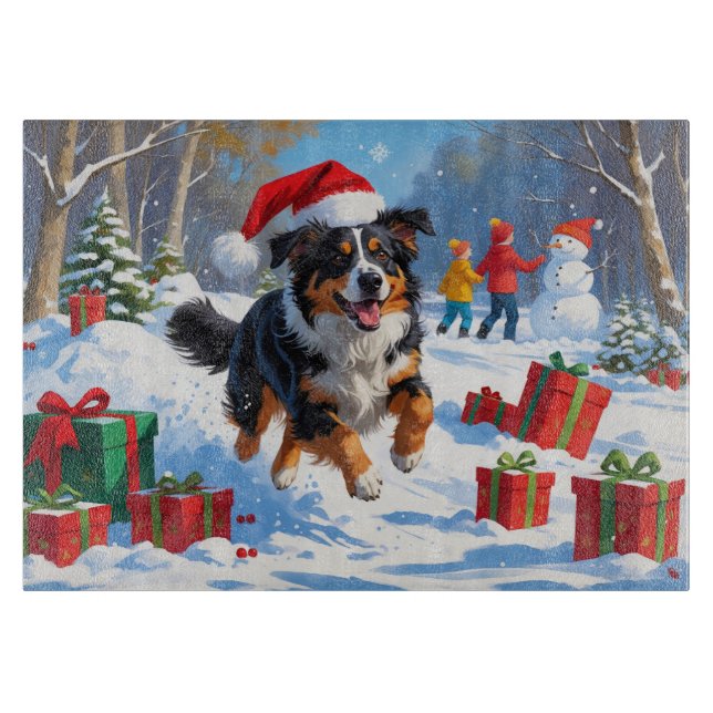 Australian Shepherd Christmas Festive Snow Scene Cutting Board (Front)