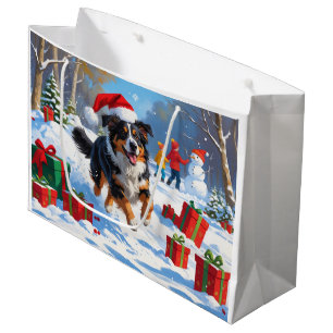 Australian Shepherd Christmas Festive Snow Scene Large Gift Bag