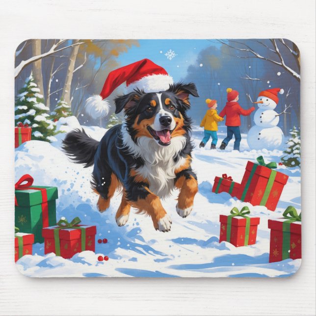 Australian Shepherd Christmas Festive Snow Scene Mouse Mat (Front)