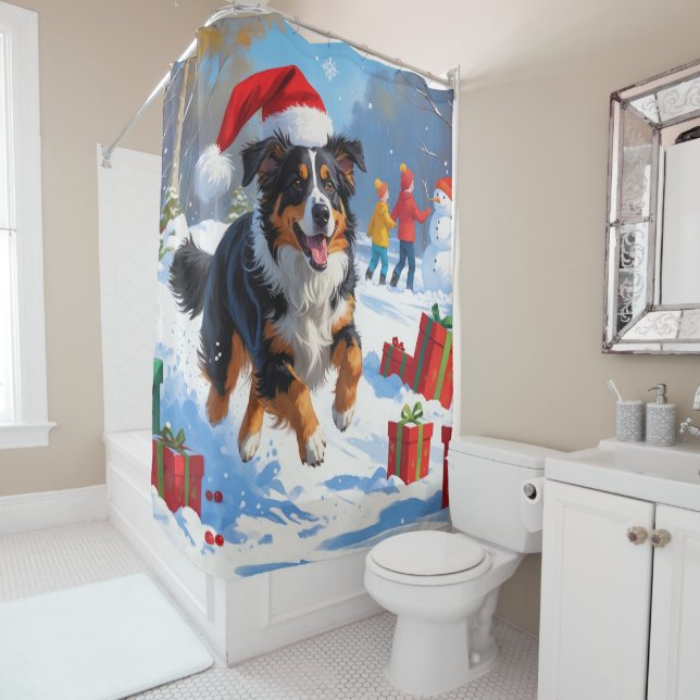 Australian Shepherd Christmas Festive Snow Scene Shower Curtain (In Situ)