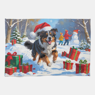 Australian Shepherd Christmas Festive Snow Scene Tea Towel