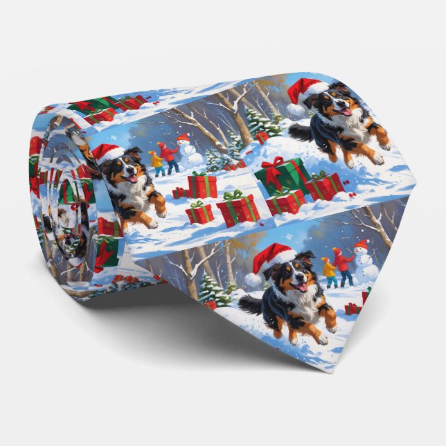 Australian Shepherd Christmas Festive Snow Scene Tie (Rolled)