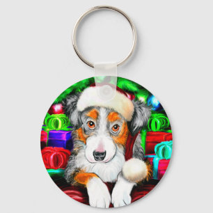 Australian Shepherd Christmas Open Gifts Key Ring