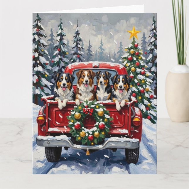 Australian Shepherd Christmas Red Truck Holiday Card (Front)