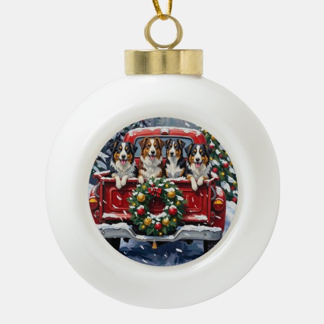 Australian Shepherd Christmas Red Truck Holiday Ceramic Ball Christmas Ornament (Front)