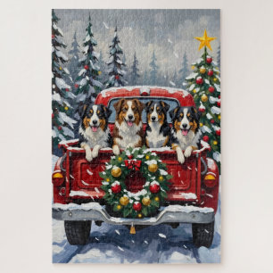 Australian Shepherd Christmas Red Truck Holiday Jigsaw Puzzle