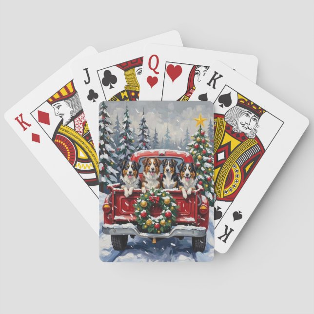 Australian Shepherd Christmas Red Truck Holiday Playing Cards (Back)