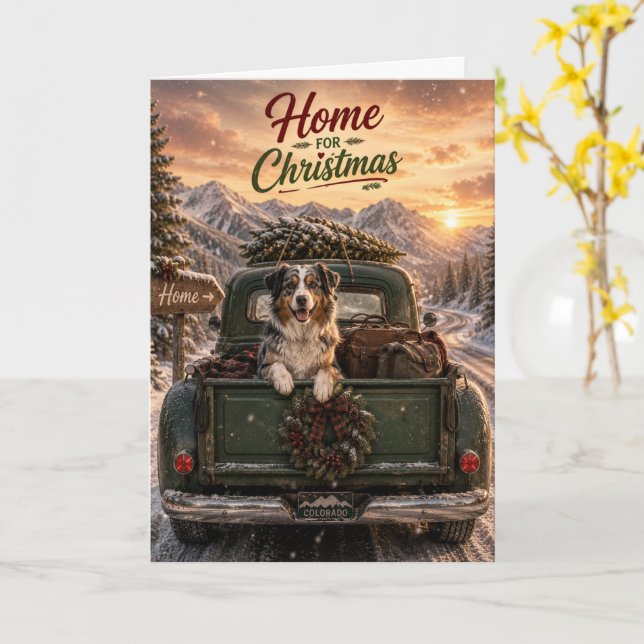 Australian Shepherd Christmas Road Trip Card (Yellow Flower)