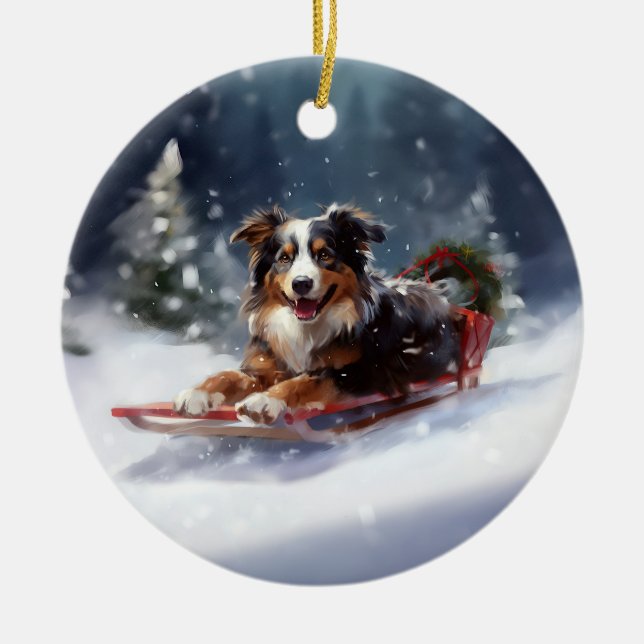 Australian Shepherd Christmas snow winter Ceramic Tree Decoration (Front)