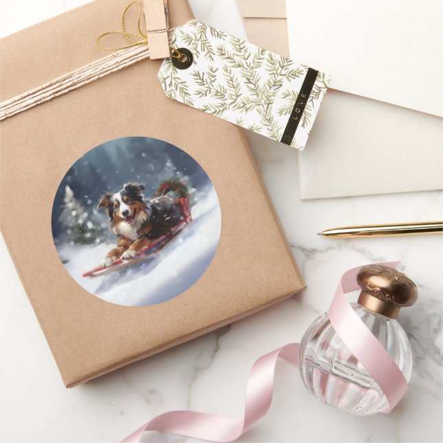 Australian Shepherd Christmas snow winter Classic Round Sticker (Gifting)