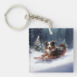 Australian Shepherd Christmas snow winter Key Ring