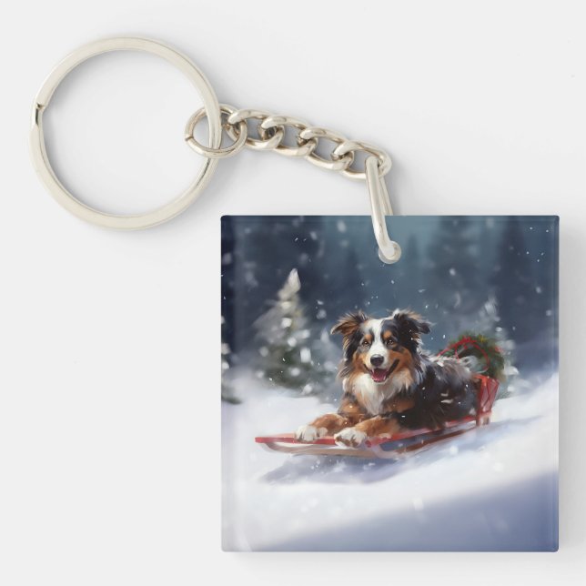 Australian Shepherd Christmas snow winter Key Ring (Front)
