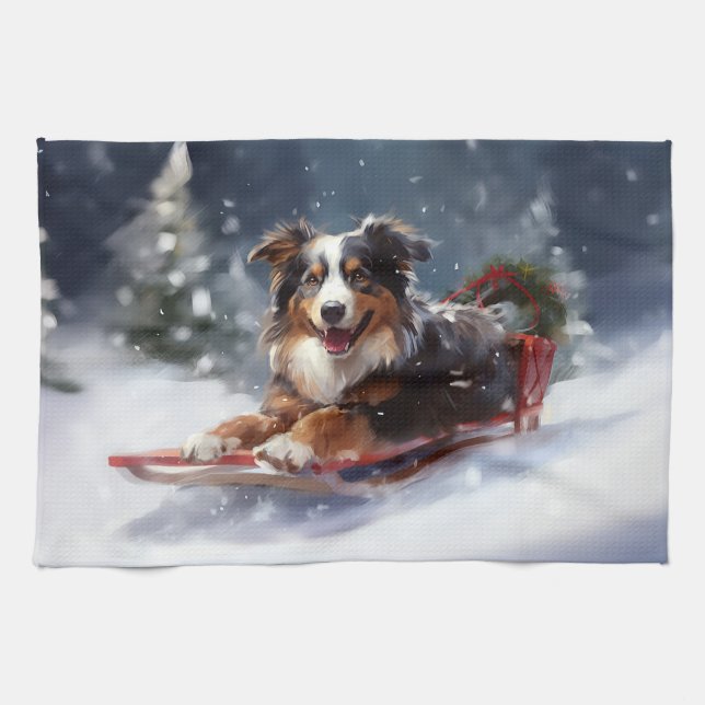 Australian Shepherd Christmas snow winter Tea Towel (Horizontal)