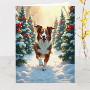 Australian Shepherd Christmas Tree Farm Painting Card